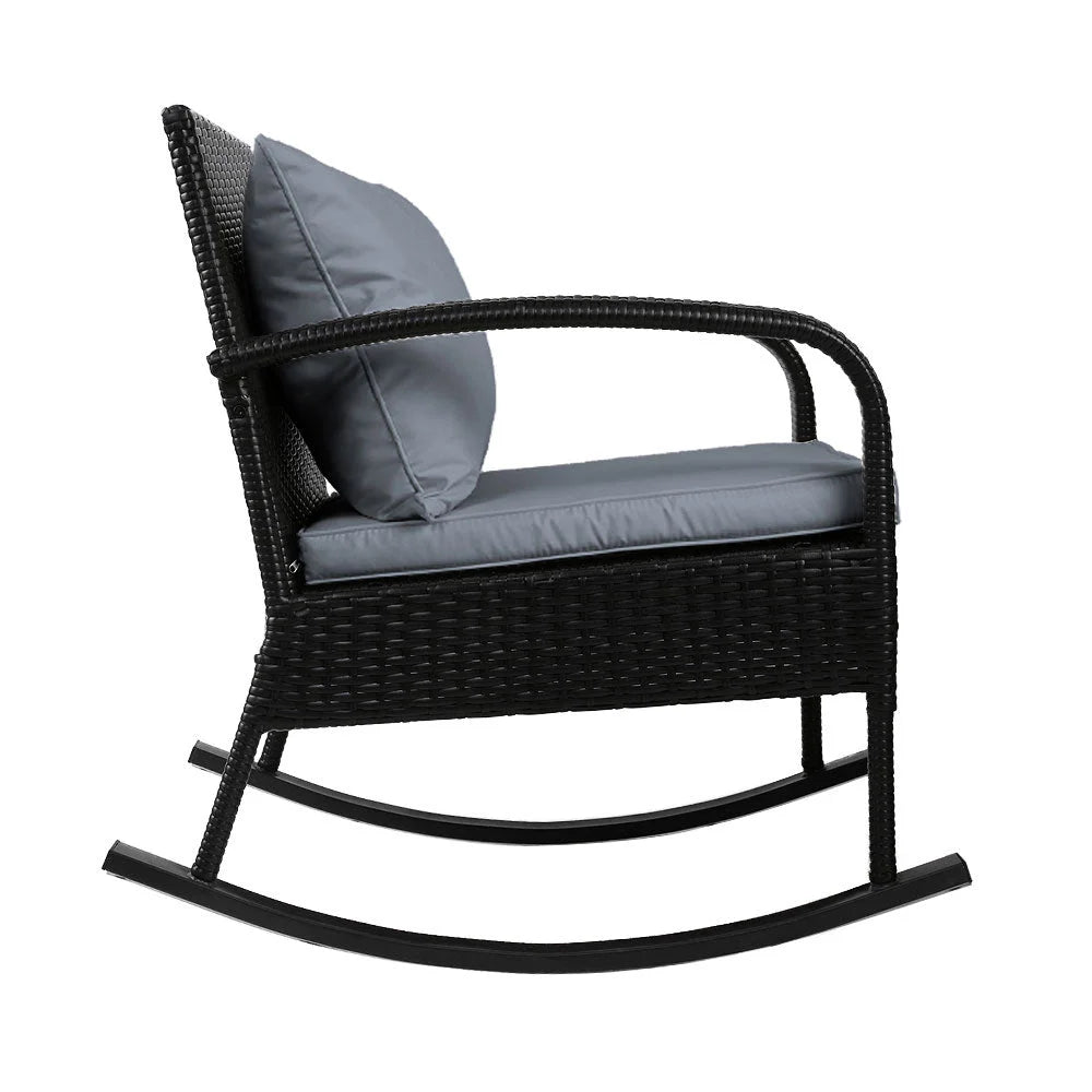 Black wicker rocking chairs table with armrests and support legs