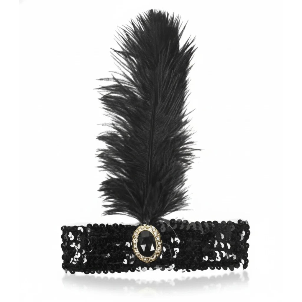 WIDE FLAPPER HEADBAND Feather Sequin Costume Gatsby