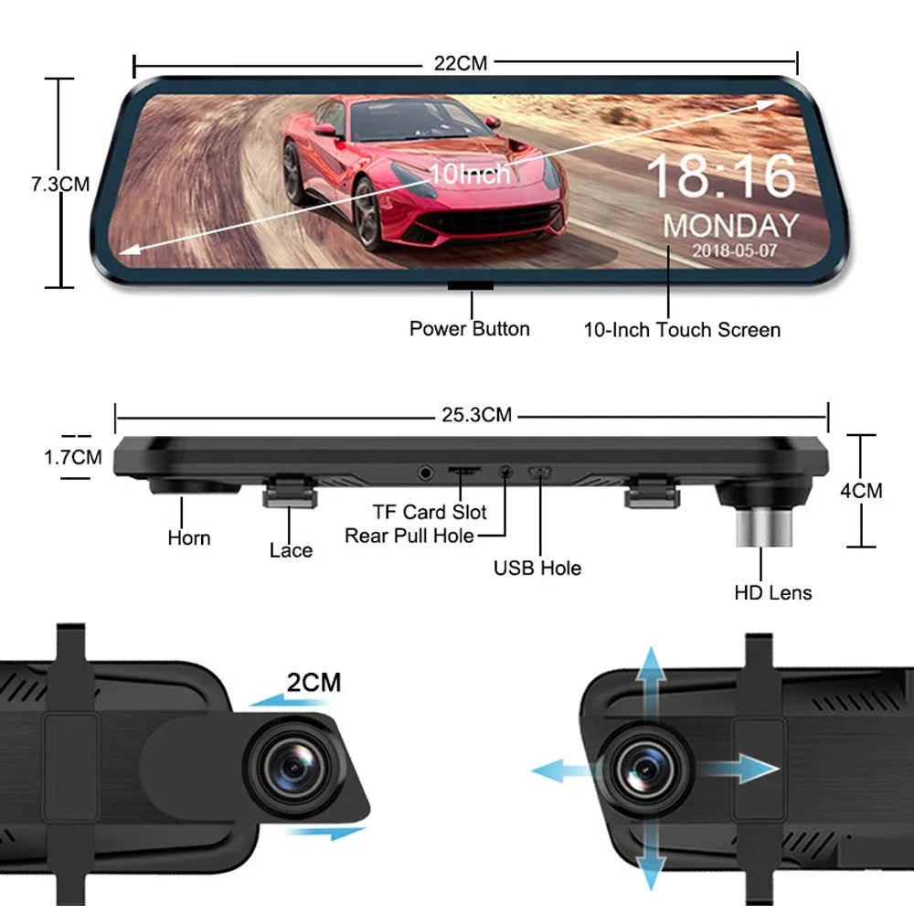 Wifi 10’’ 2K Dash Cam RearView Camera Reversing Recorder