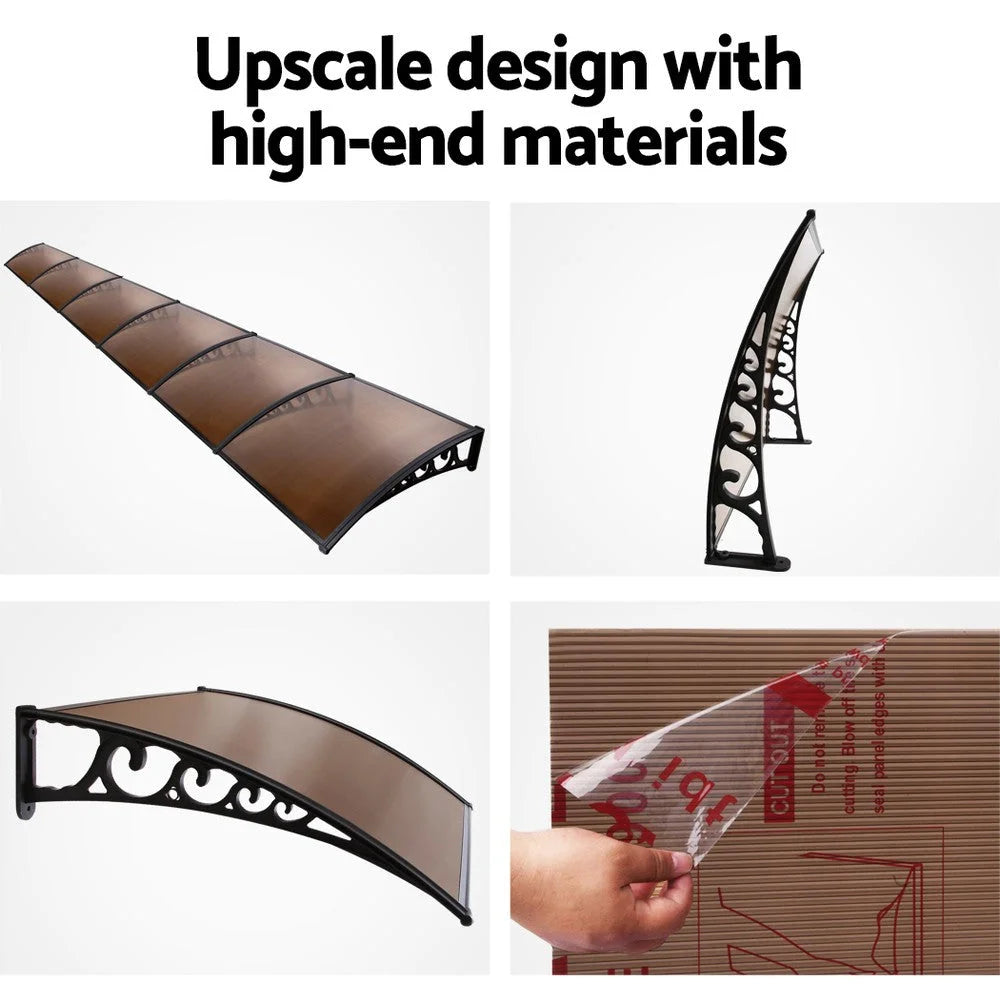 Brown window door awning with curved awning cover and wall supports