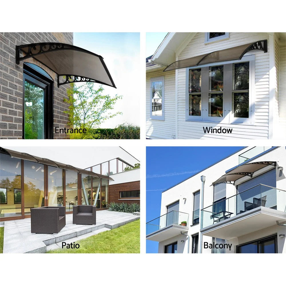 Brown window door awning with solid sheet roof and bracket arms