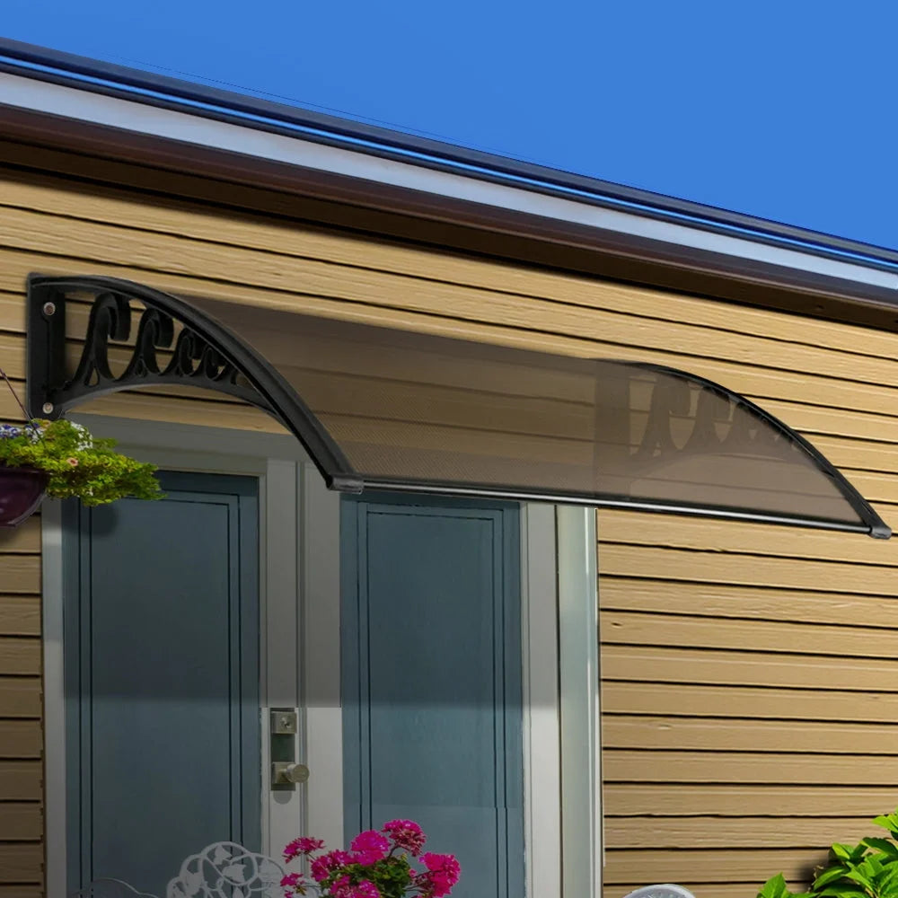 Brown window door awning with door canopy panel and side brackets