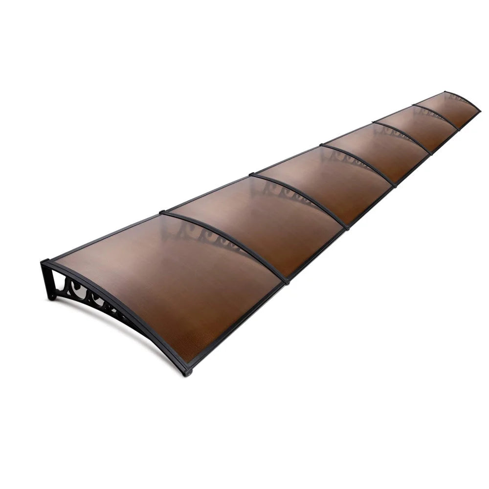 Brown window door awning with grey awning sheet and mounting frame
