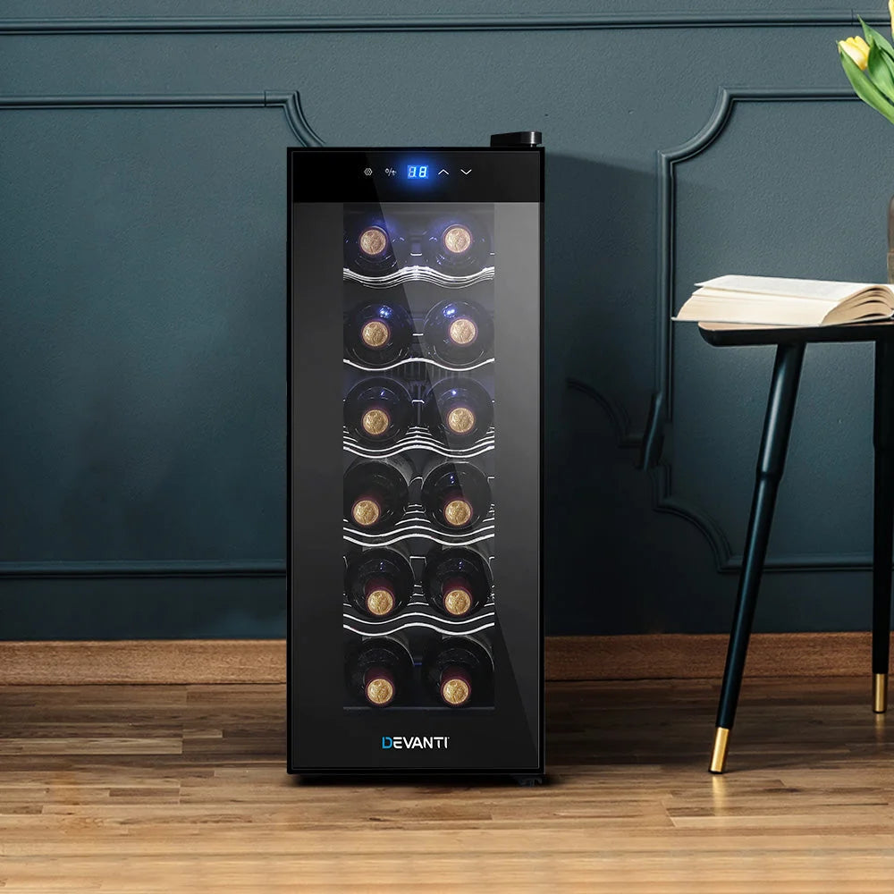 Wine cooler fridge with caster wheels and side handle rail