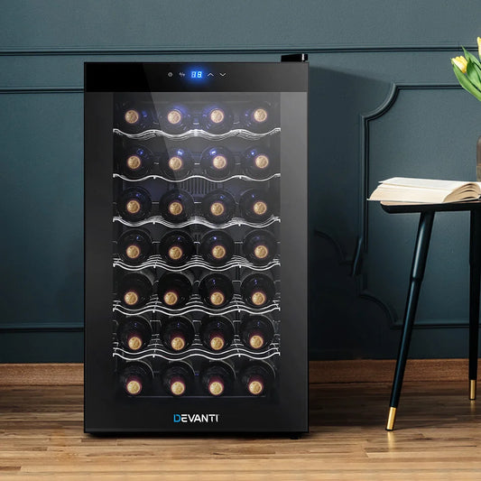 Black glass wine cooler fridge with compact fridge cabinet and glass window
