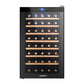 Wine cooler fridge with glass door and black cabinet casing