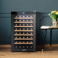 Black wine cooler fridge with bottle racks and clear front door