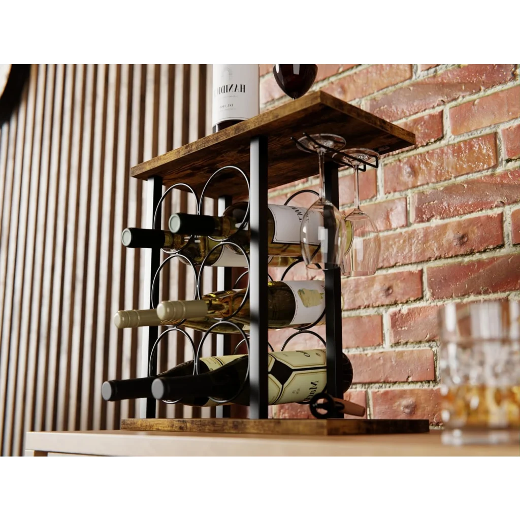 Wine Rack Countertop Wooden & Metal Holder for 6 Bottles &