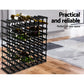 Black timber storage rack with open shelves and sturdy supports