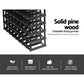 Black timber storage rack with tiered shelves and metal supports