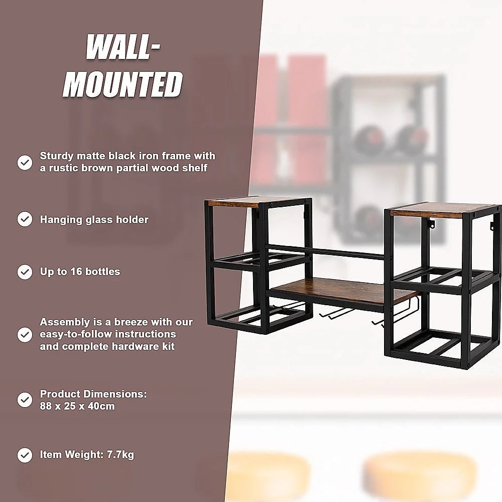 Wine Rack Wall Mounted 3 Stem Glass Holder Storage