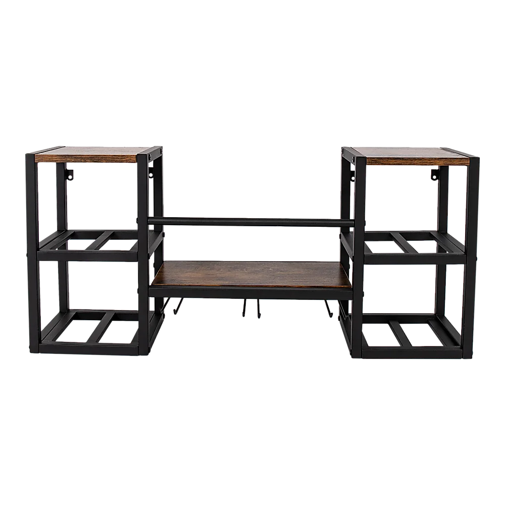 Glass storage rack with tiered shelves and metal supports