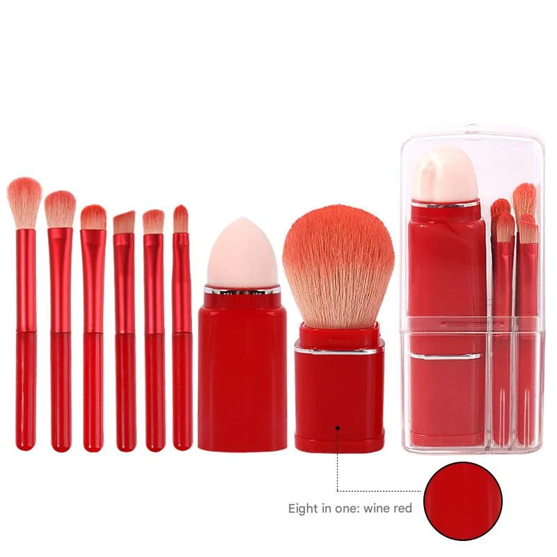 Wine Red Compact 8-in-1 Makeup Brush Set - Portable Travel