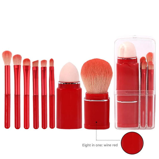 Wine Red Compact 8-in-1 Makeup Brush Set - Portable Travel