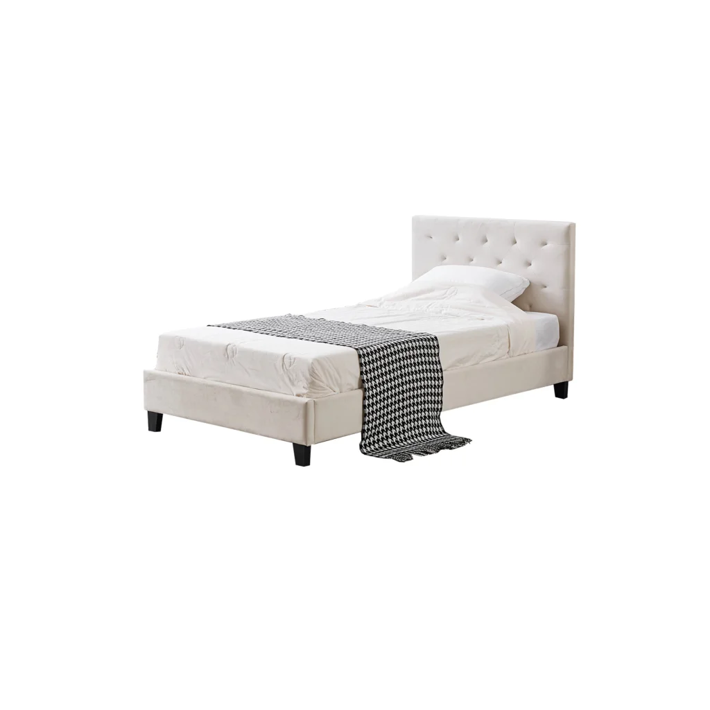 Winston Beige Velvet Tufted Bed - King Single - Furniture >