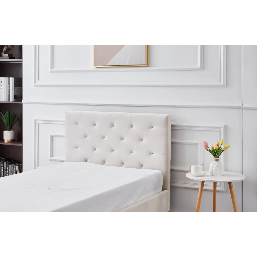 Winston Beige Velvet Tufted Bed - King Single - Furniture >