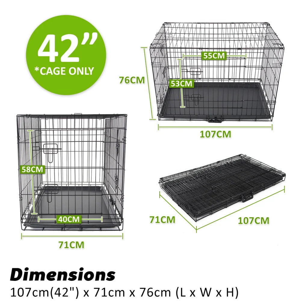 Wire Dog Cage Crate 42in with Tray + Cushion Mat + Blue