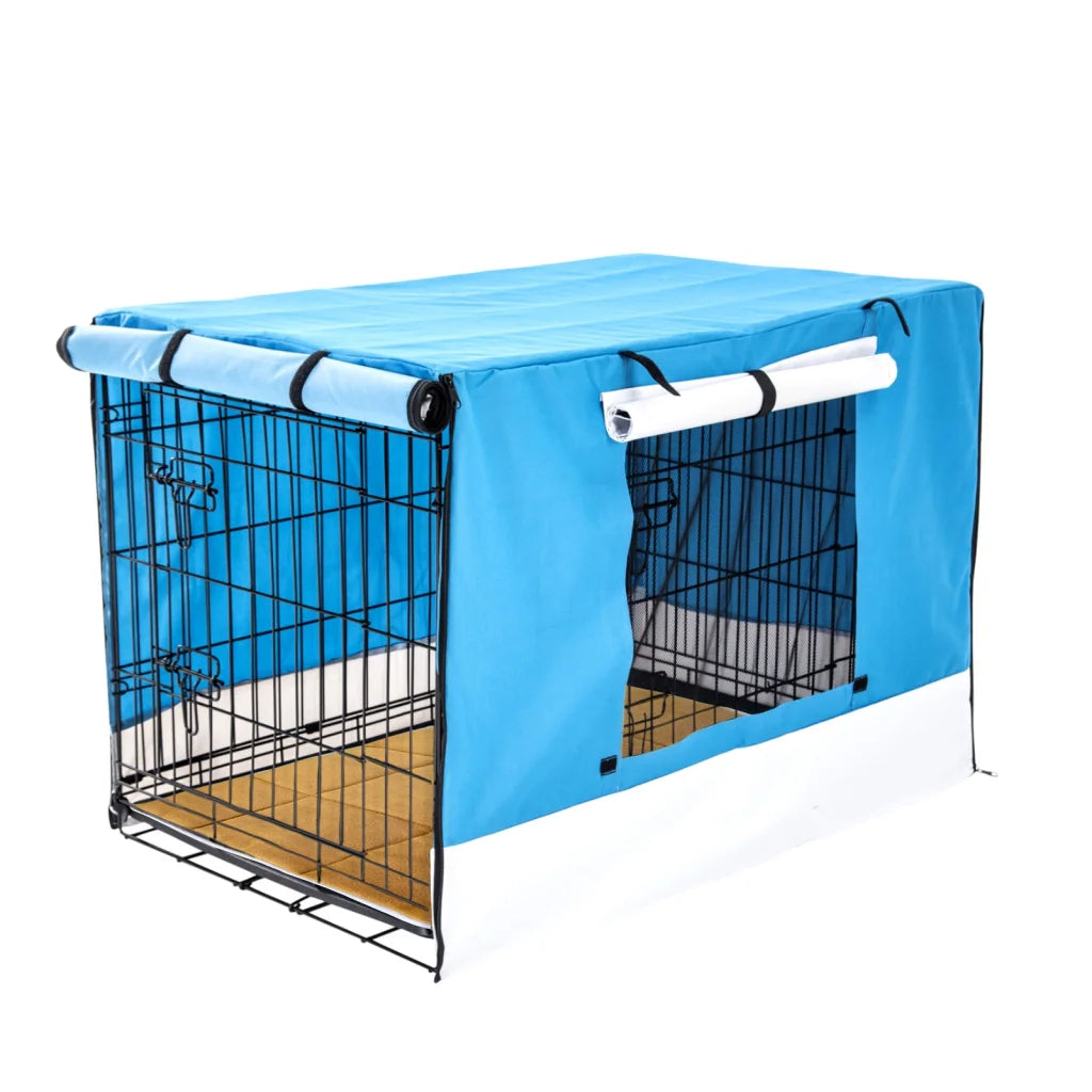 Wire Dog Cage Crate 42in with Tray + Cushion Mat + Blue