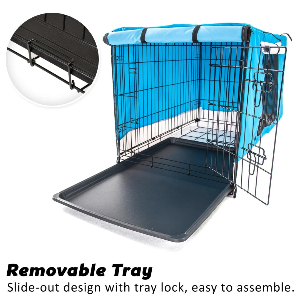 Wire Dog Cage Crate 42in with Tray + Cushion Mat + Blue