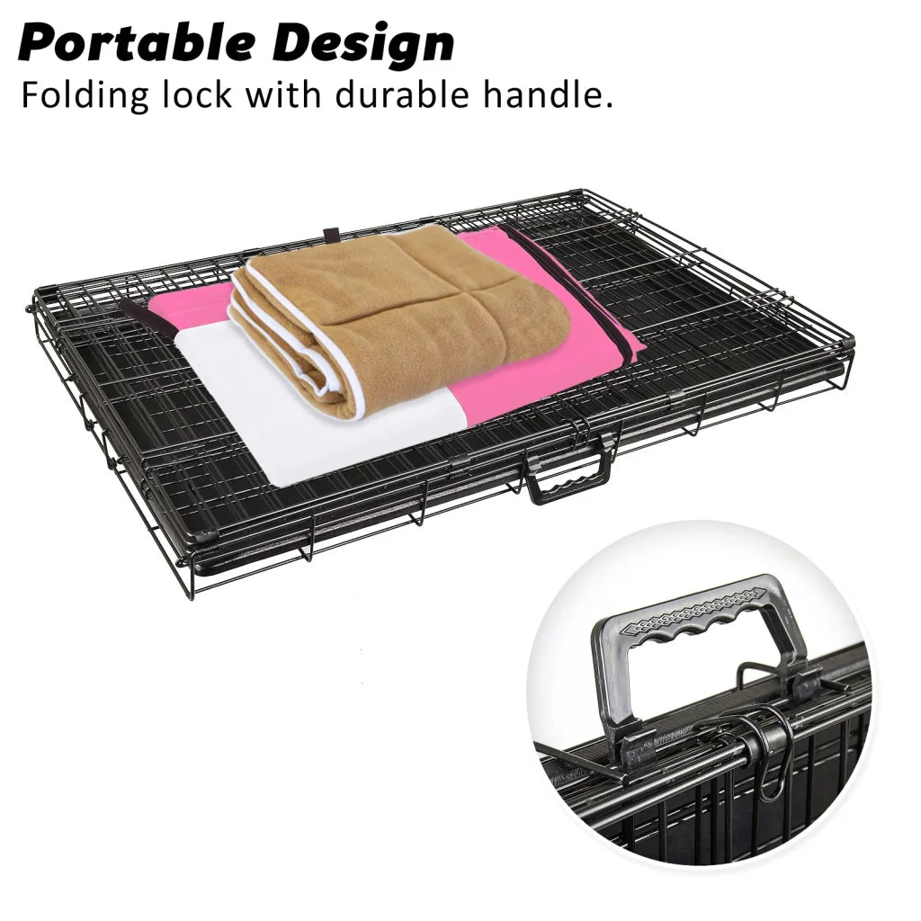 Wire Dog Cage Crate 42in with Tray + Cushion Mat + Pink
