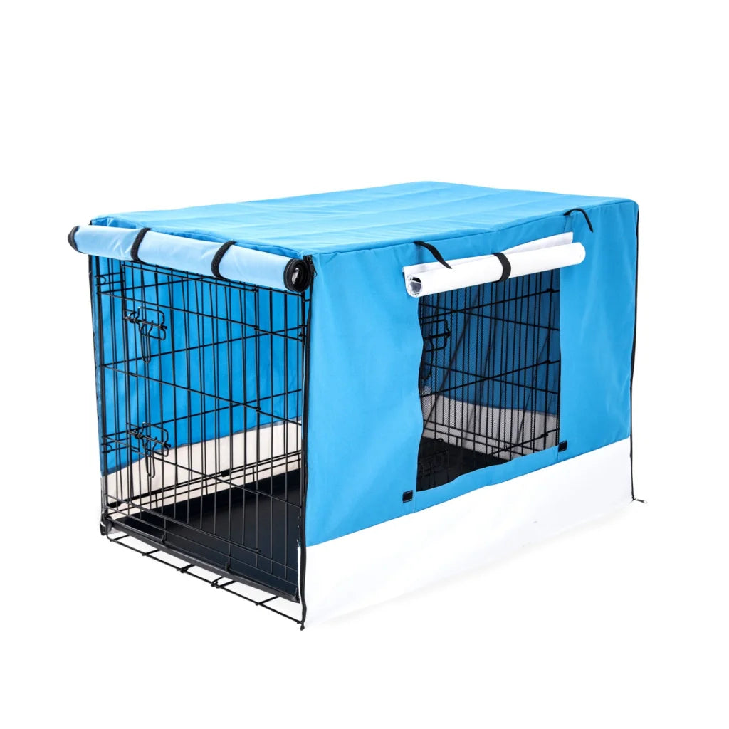 Wire Dog Cage Foldable Crate Kennel 30in with Tray + Blue