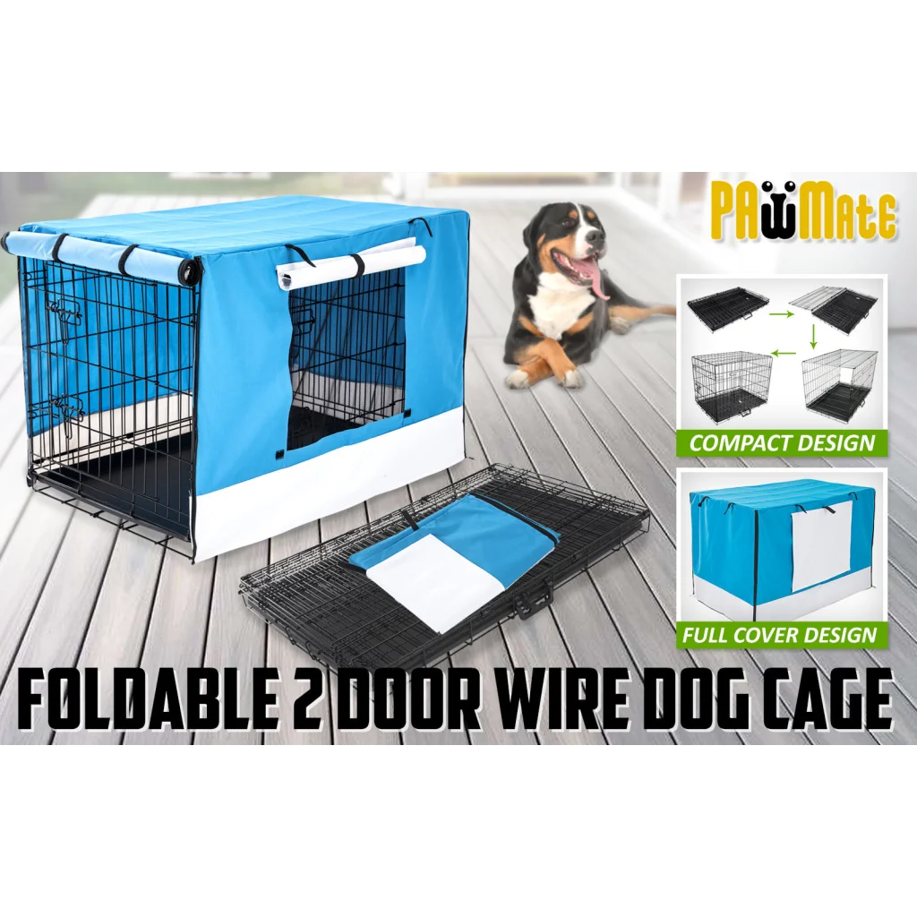 Wire Dog Cage Foldable Crate Kennel 30in with Tray + Blue
