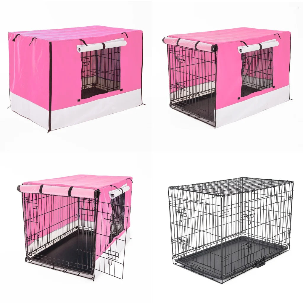 Wire Dog Cage Foldable Crate Kennel 30in with Tray + Pink