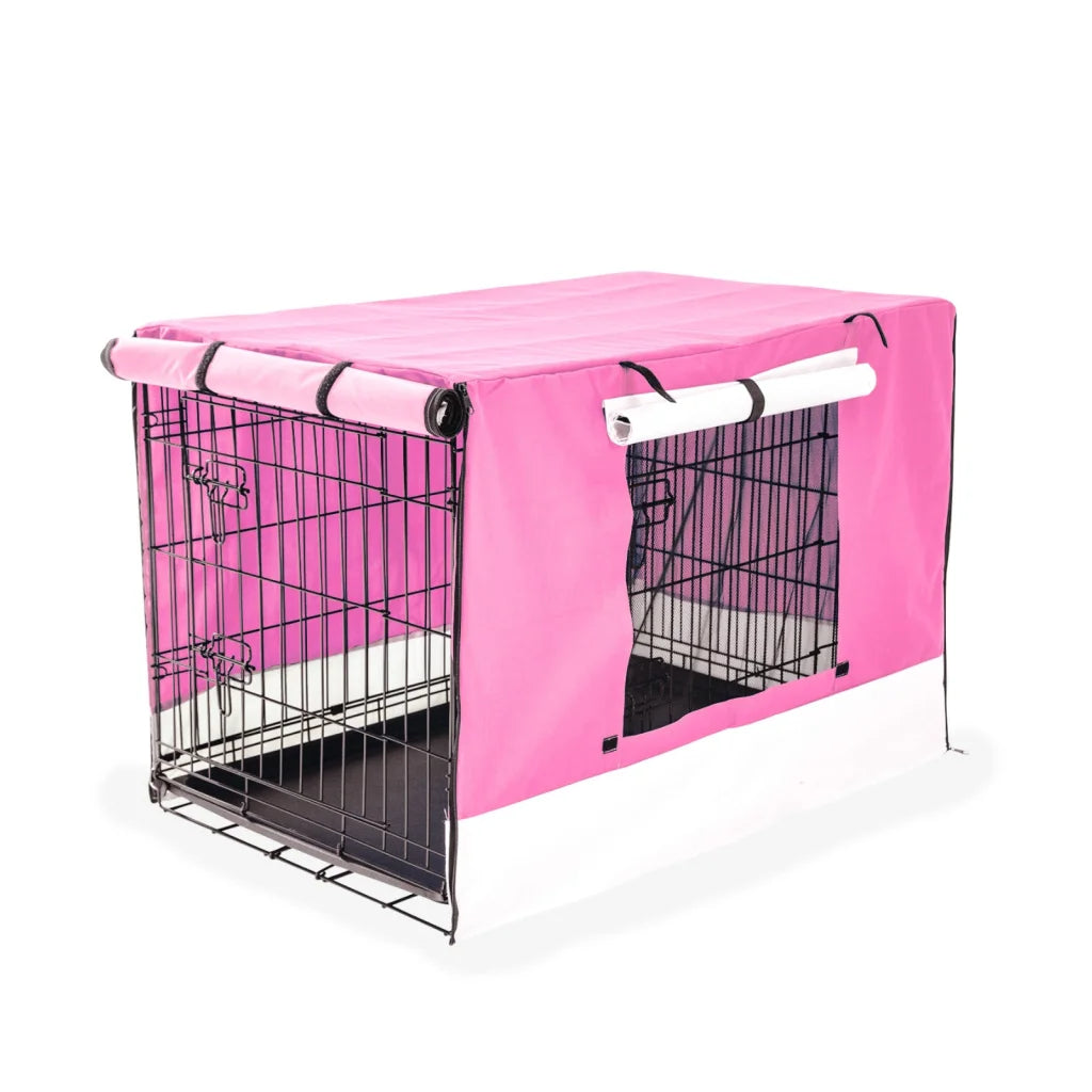 Wire Dog Cage Foldable Crate Kennel 30in with Tray + Pink