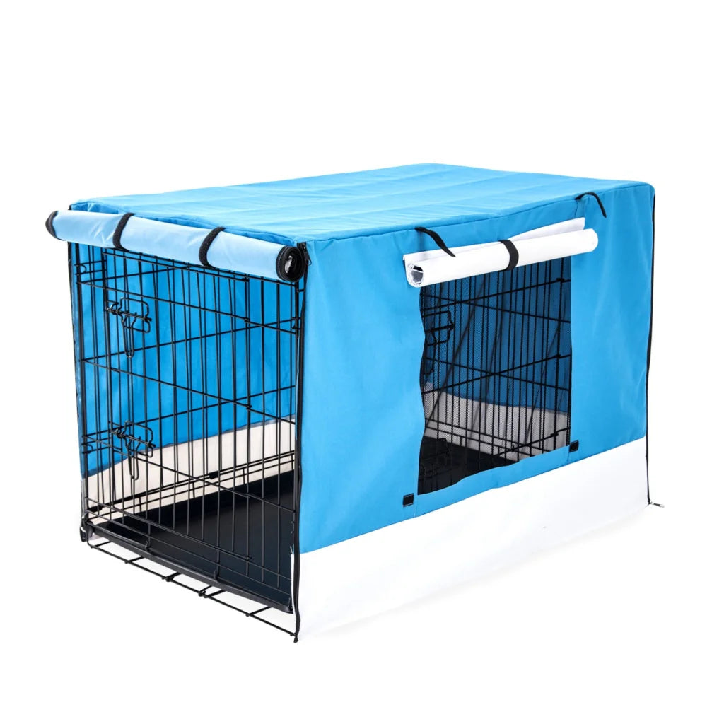 Wire Dog Cage Foldable Crate Kennel 42in with Tray + Blue