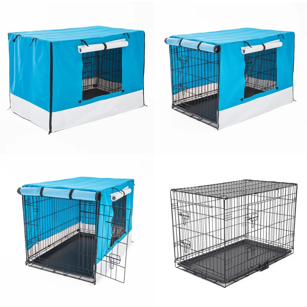 Wire Dog Cage Foldable Crate Kennel 42in with Tray + Blue