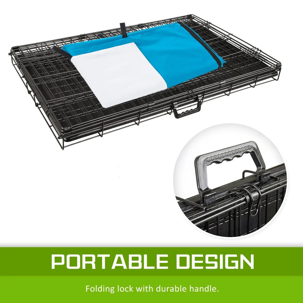 Wire Dog Cage Foldable Crate Kennel 42in with Tray + Blue
