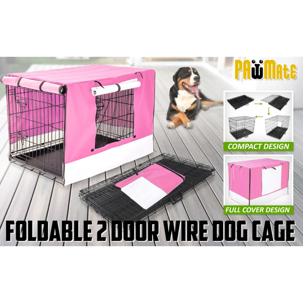 Wire Dog Cage Foldable Crate Kennel 42in with Tray + Pink