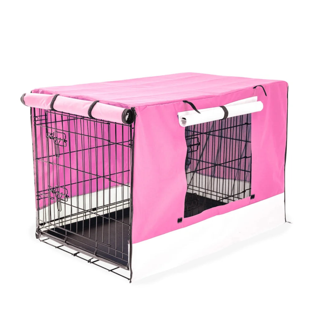 Wire Dog Cage Foldable Crate Kennel 42in with Tray + Pink