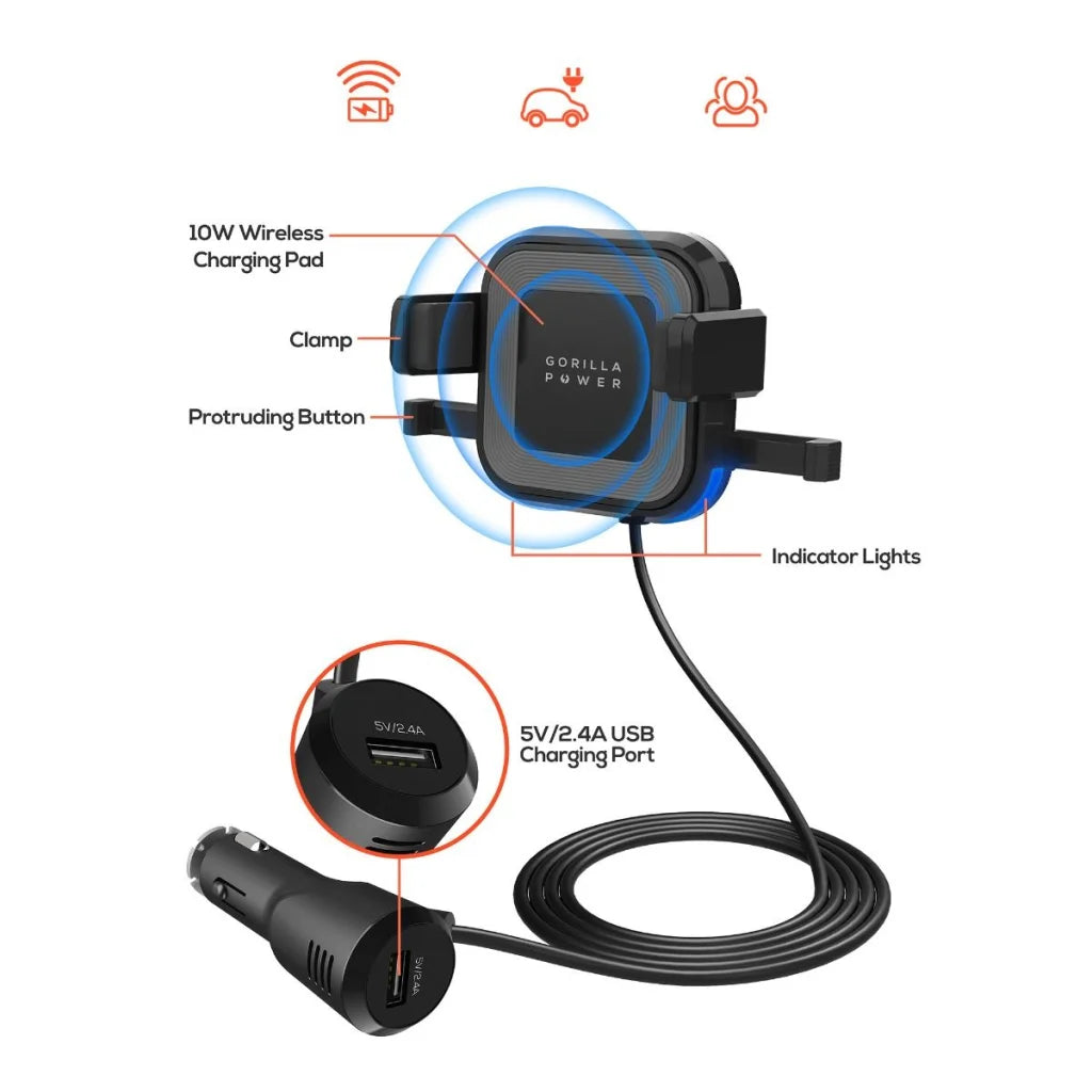Wireless Car Charger 10W with 2.4A USB Charging Air Vent