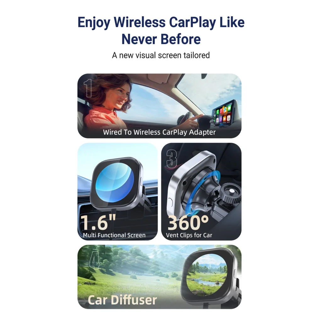 Wireless CarPlay Adapter with 1.6’’ Multi-Functional Screen
