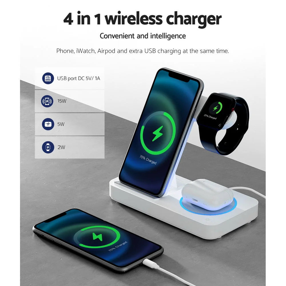 Wireless Charger Dock 4-in-1 Fast Charging for Phone - White