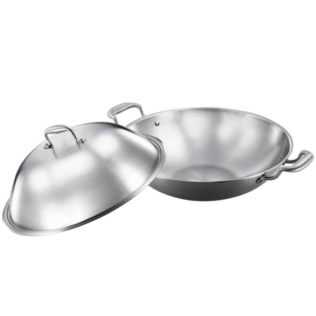 Wok Frying Pan Premium 3-Ply 38cm Stainless Steel Double Handle Skillet with Lid