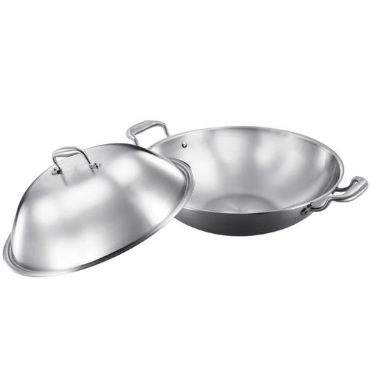 Wok Frying Pan Premium 3-Ply 38cm Stainless Steel Double Handle Skillet with Lid