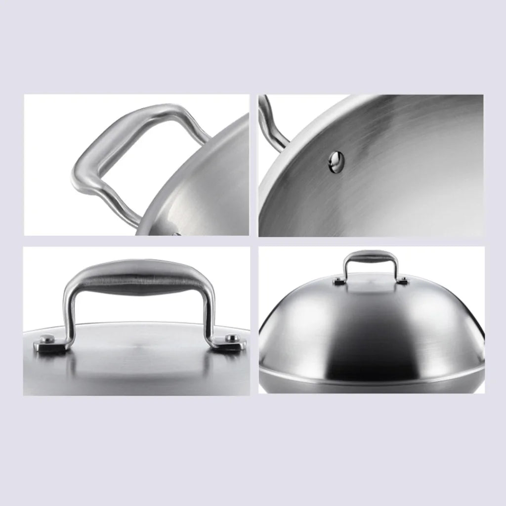Wok Frying Pan Premium 3-Ply 38cm Stainless Steel Double Handle Skillet with Lid