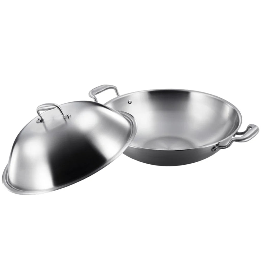 Wok Frying Pan Premium 3-Ply 38cm Stainless Steel Double Handle Skillet with Lid