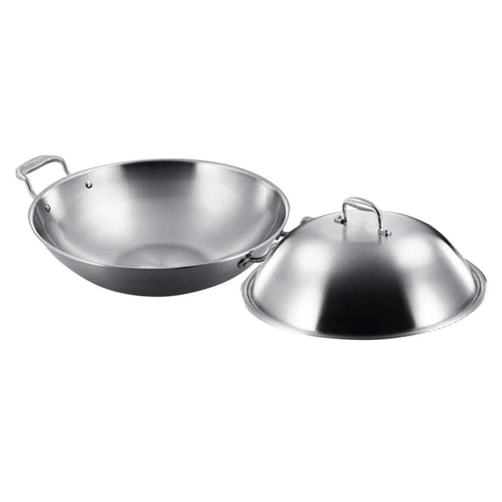 Wok Frying Pan Premium 3-Ply 38cm Stainless Steel Double Handle Skillet with Lid