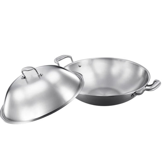 Wok Frying Pan Premium 3-Ply 42cm Stainless Steel Double Handle Skillet with Lid