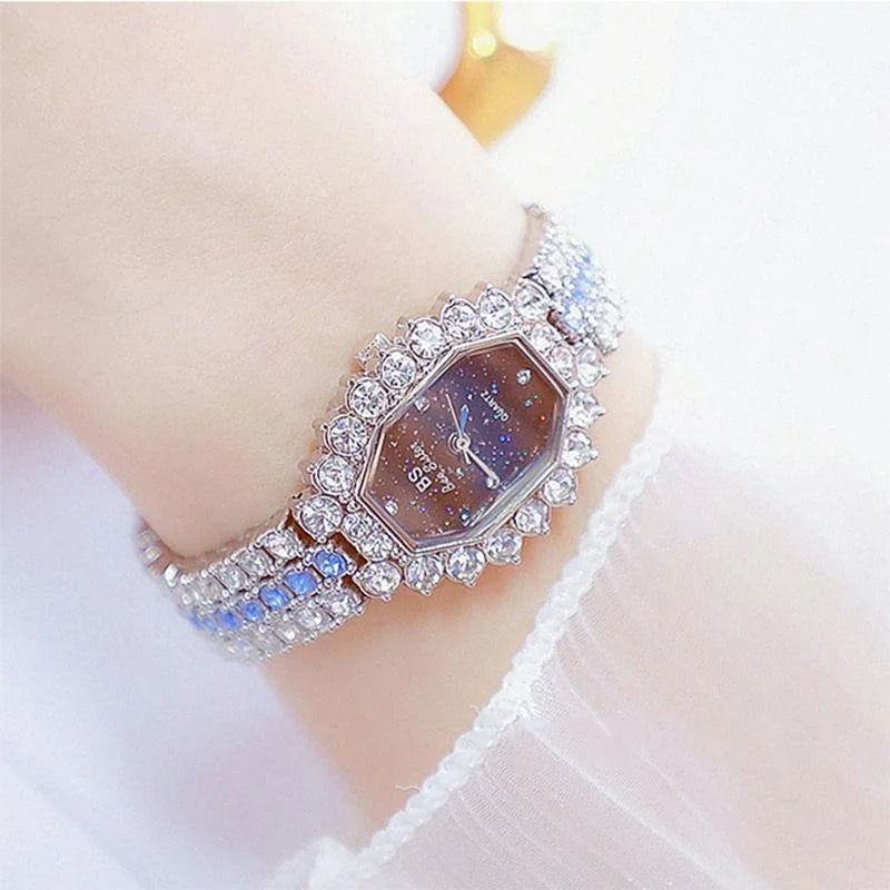 Women Diamond Plated Octagonal Quartz Watch with Rhinestone