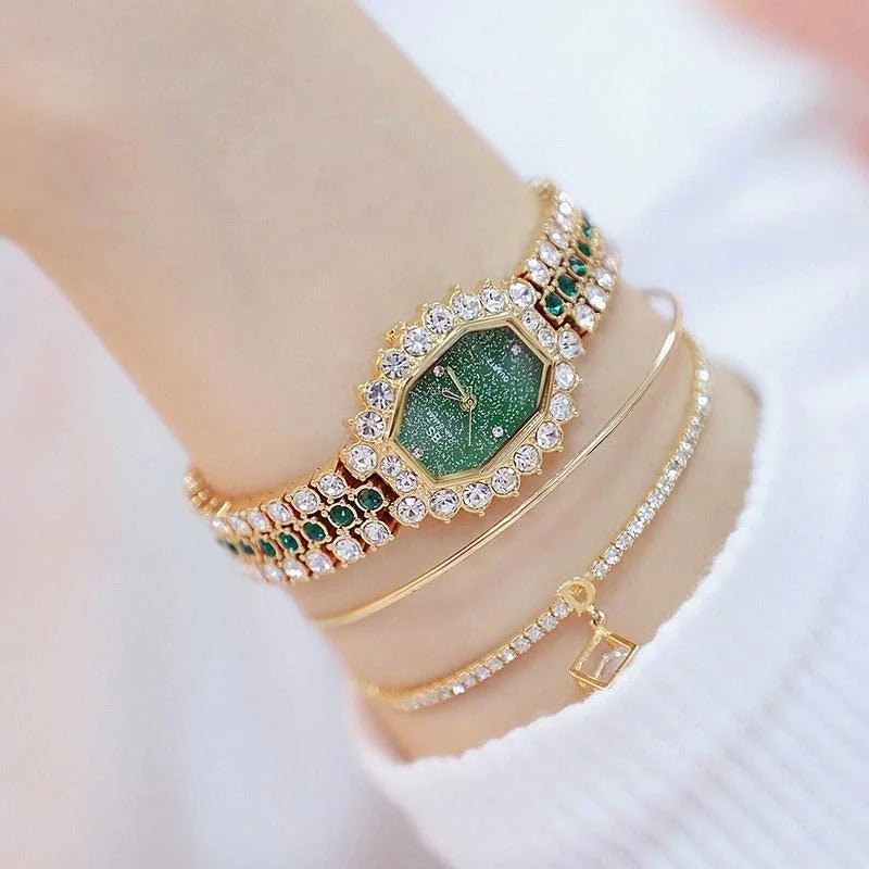 Women Diamond Plated Octagonal Quartz Watch with Rhinestone