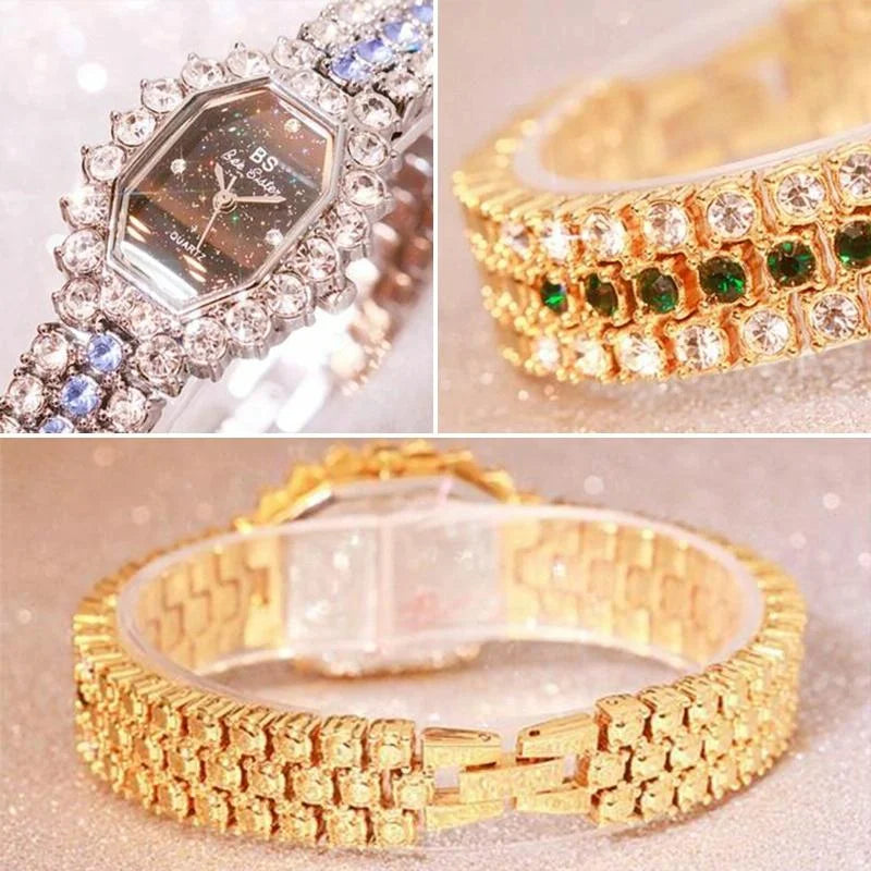 Women Diamond Plated Octagonal Quartz Watch with Rhinestone