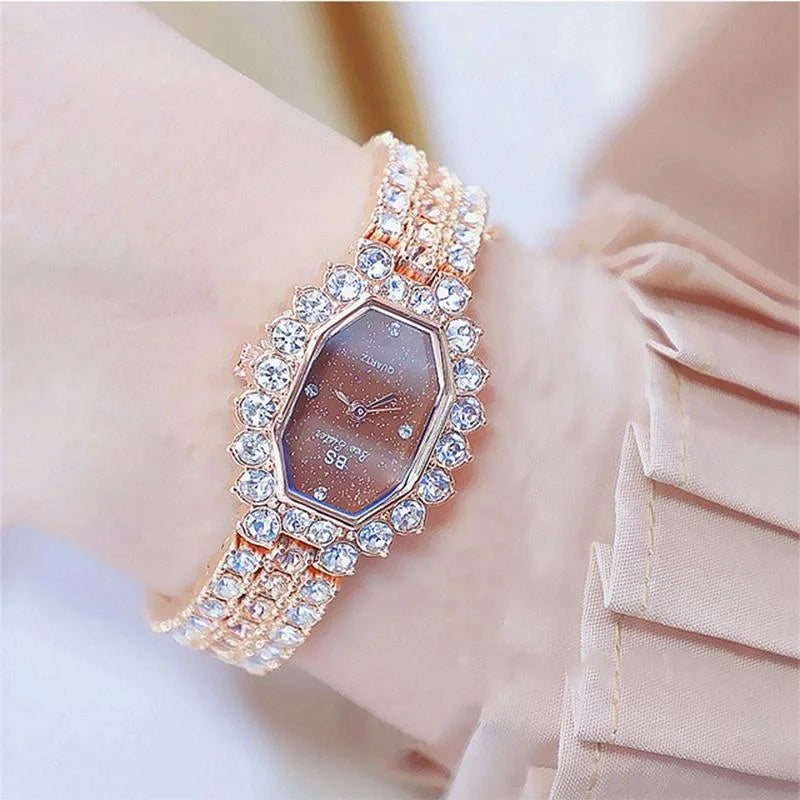 Women Diamond Plated Octagonal Quartz Watch with Rhinestone