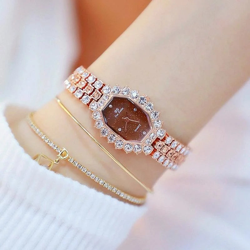 Women Diamond Plated Octagonal Quartz Watch with Rhinestone