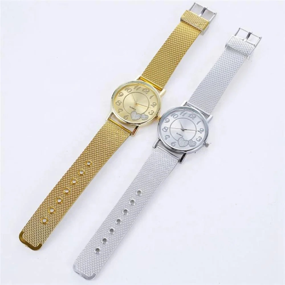 Women Double Heart Mesh Belt Watch - Golden Alloy - Fashion