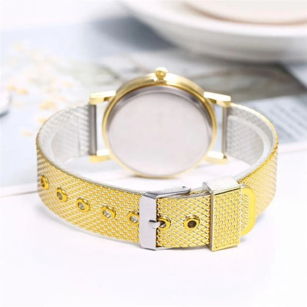 Women Double Heart Mesh Belt Watch - Golden Alloy - Fashion