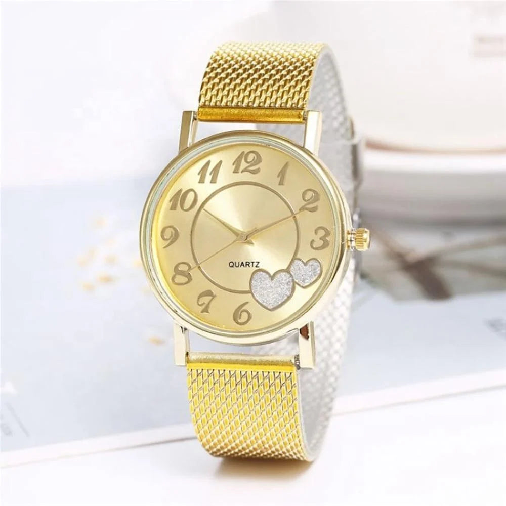 Women Double Heart Mesh Belt Watch - Golden Alloy - Fashion